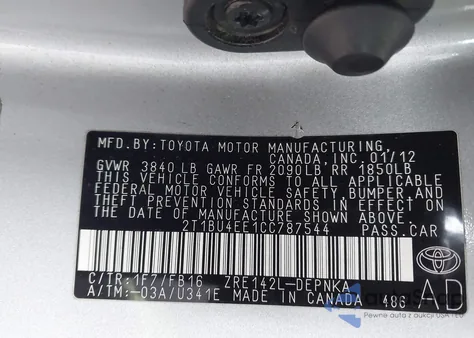 2012 Toyota Corolla Le z USA, uszkodzony, nr VIN 2T1BU4EE1CC787544